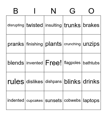 Suffixes -s, -ed, -ing, -es Bingo Card