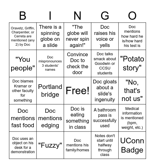 Dr. D (cannot mark a square if you said it yourself) Bingo Card