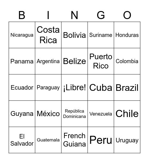 lotería de los paises Bingo Card