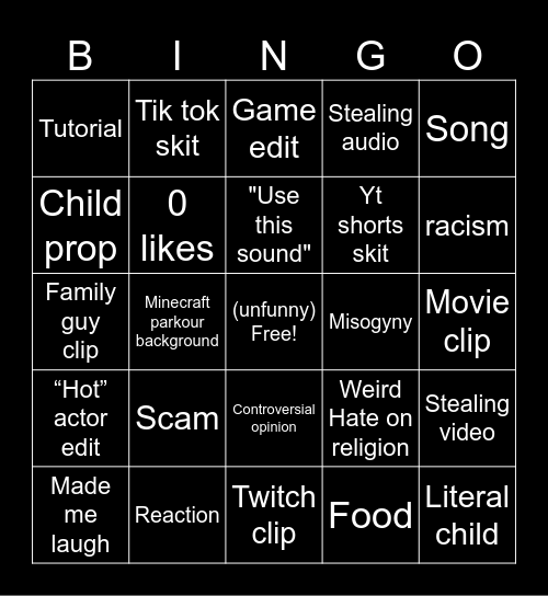YouTube shorts Bingo Card