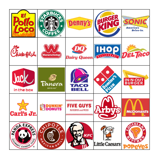 FAST FOOD Bingo Card