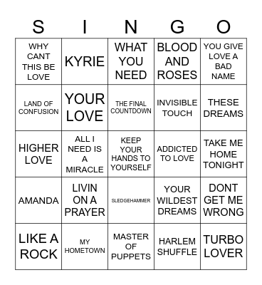 909 ROCK HITS 1986 Bingo Card
