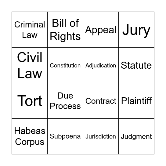 Legal Studies Bingo Card