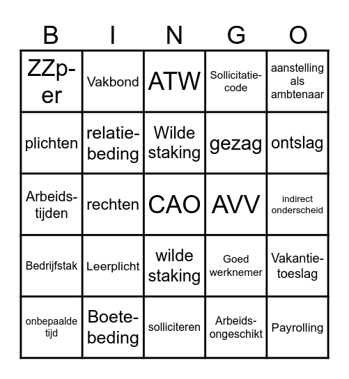 Arbeidsrecht Bingo Card