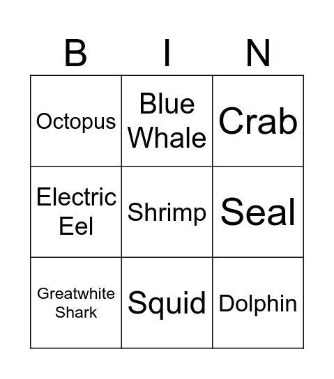 Sea Creature Bingo Card