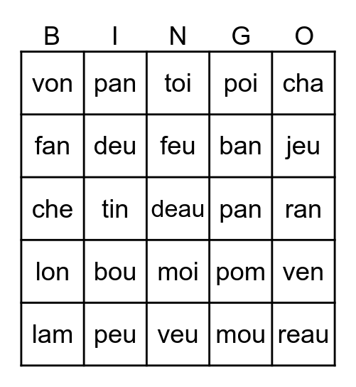 graphèmes complexes 1 Bingo Card