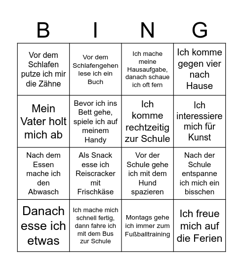 Mein Alltag, 11. Klasse Bingo Card