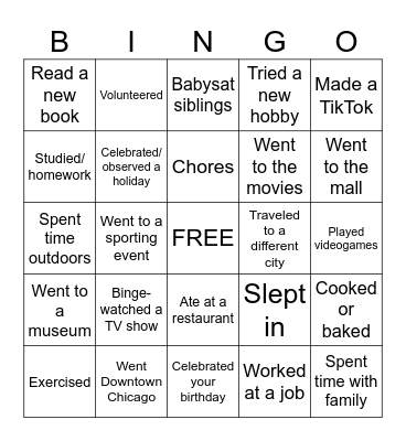 Spring Break Bingo Card