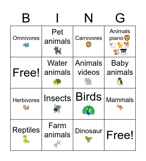 150 Animal sounds Bingo Card