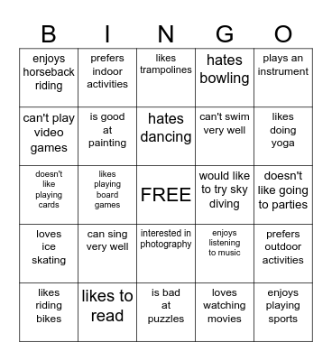 Interests & Hobbies Bingo Card