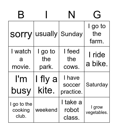 5th - Lesson 2 - Bingo Card