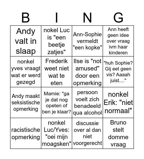 familefeest Bingo Card