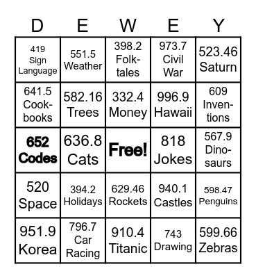 Dewey Bingo!! Bingo Card