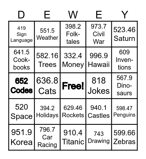 Dewey Bingo!! Bingo Card