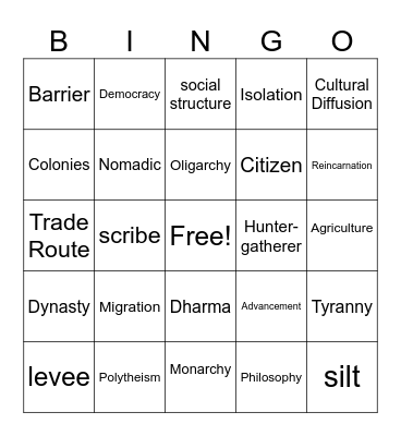 Unit 1-6 vocab BINGO Card