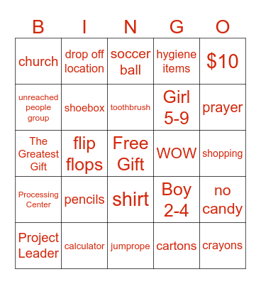Operation Christmas Child Bingo Card