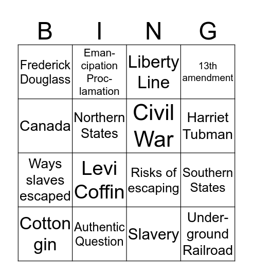 The Underground Railroad Bingo Card