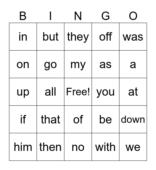 CVC Words Bingo Card