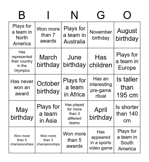 Favorite Sports Player Bingo Card
