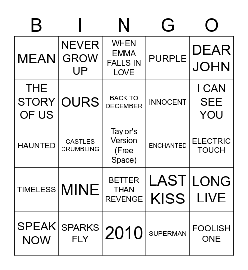 Speak Now Bingo Card