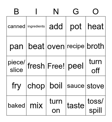 Spanish Cooking Bingo Card