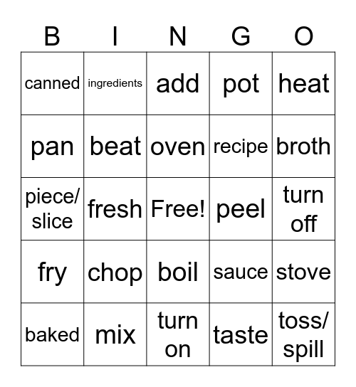 Spanish Cooking Bingo Card