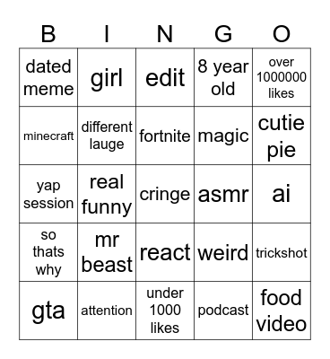 yt shorts Bingo Card