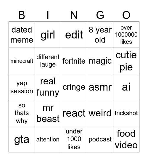 yt shorts Bingo Card