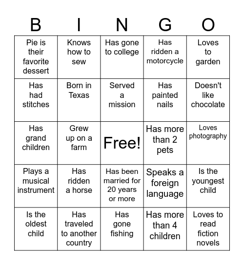 Relief Society Get to Know You Bingo Card