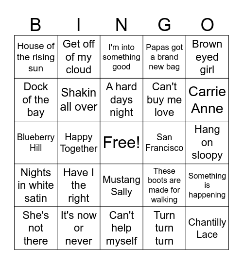 Rock n Roll Bingo Card