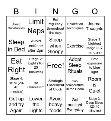 Improving Your Sleep Bingo Card