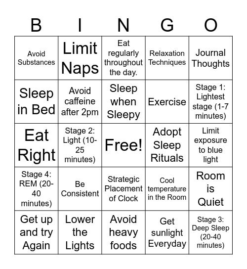 Improving Your Sleep Bingo Card