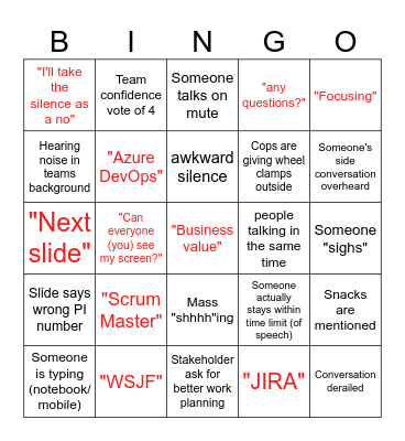 PI Planning Bingo Card