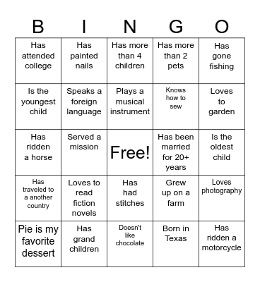 Relief Society Get to Know You Bingo Card