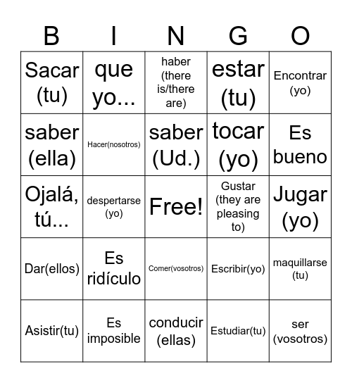 Subjunctive verbs Bingo Card