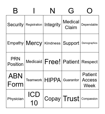 Patient Access Week Bingo Card