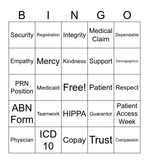 Patient Access Week Bingo Card