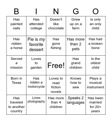 Relief Society Get To Know You Bingo Card