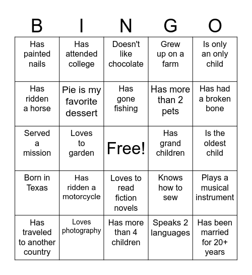 Relief Society Get To Know You Bingo Card