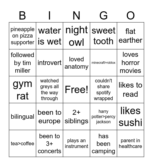 Big/Little Bingo Card