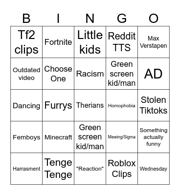 Youtube shorts Bingo Card