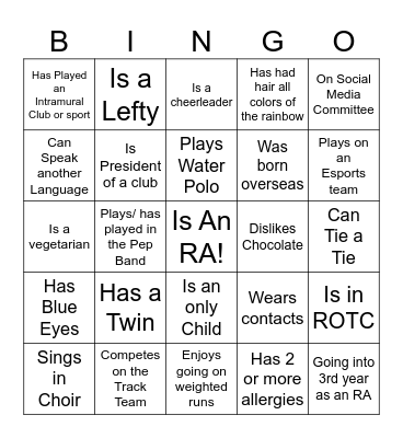 RA Welcome Mixer Bingo Card