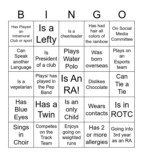 RA Welcome Mixer Bingo Card