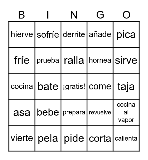 Verbos de Cocina Bingo Card
