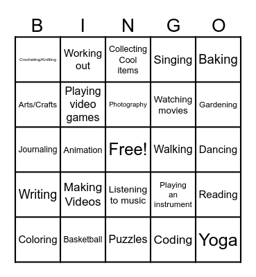 My Hobbies Bingo Card