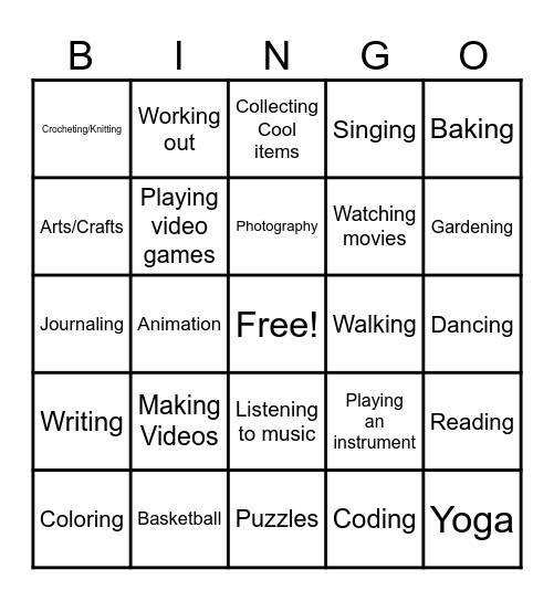 My Hobbies Bingo Card