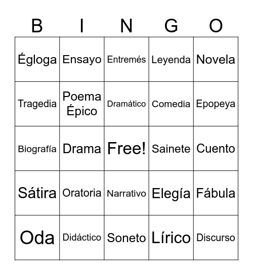 Bingo de Géneros literarios Bingo Card