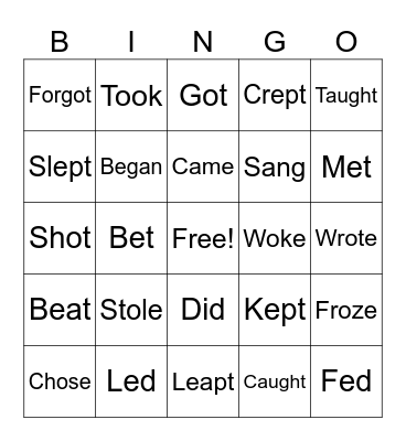 Irregular Verbs Bingo Card