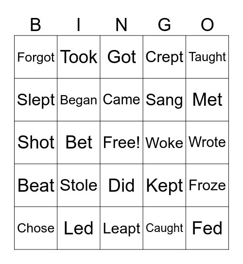 Irregular Verbs Bingo Card