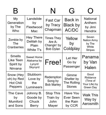 Famous Guitar Songs Bingo Card